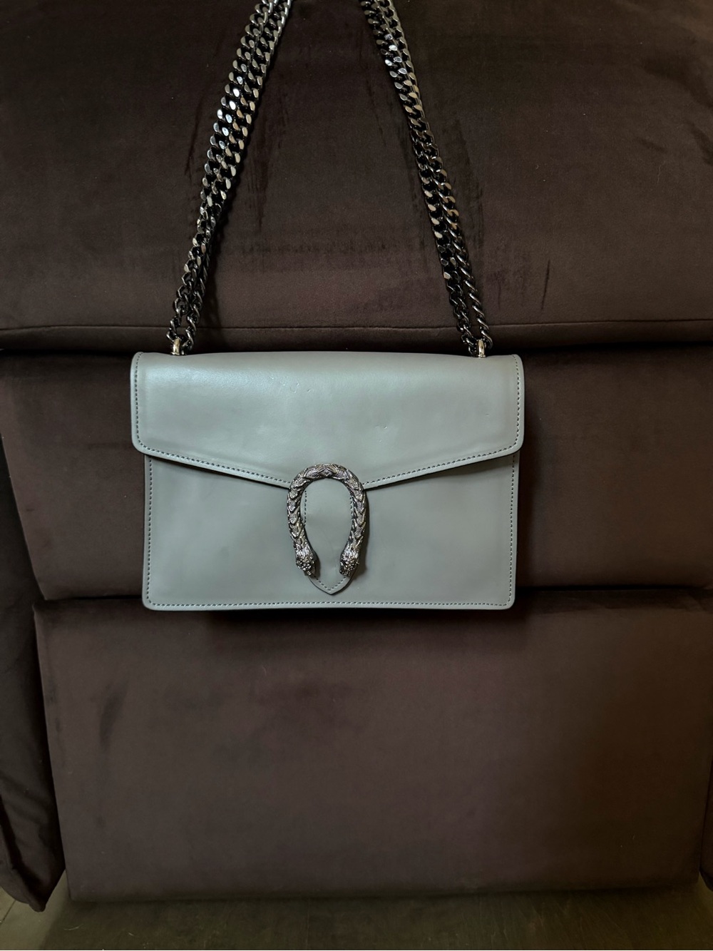Leather Shoulder Bag with Snake-Head Accent in Light Gray